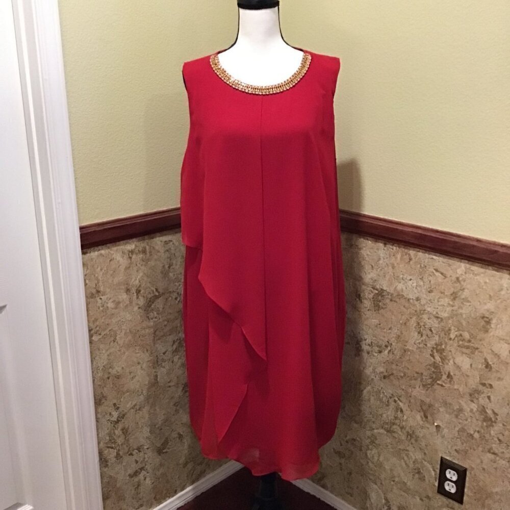 MSK 20W Dress Flowy Chiffon Sleeveless Midi Red Rhinestones Flattering Lined - Picture 15 of 16